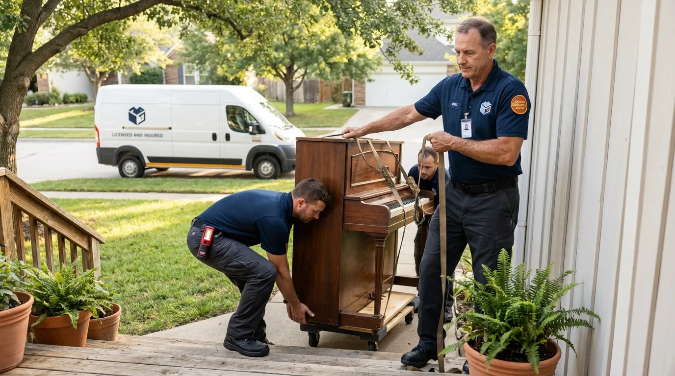 Licensed piano movers securing grand piano in Gnadenhutten, OH