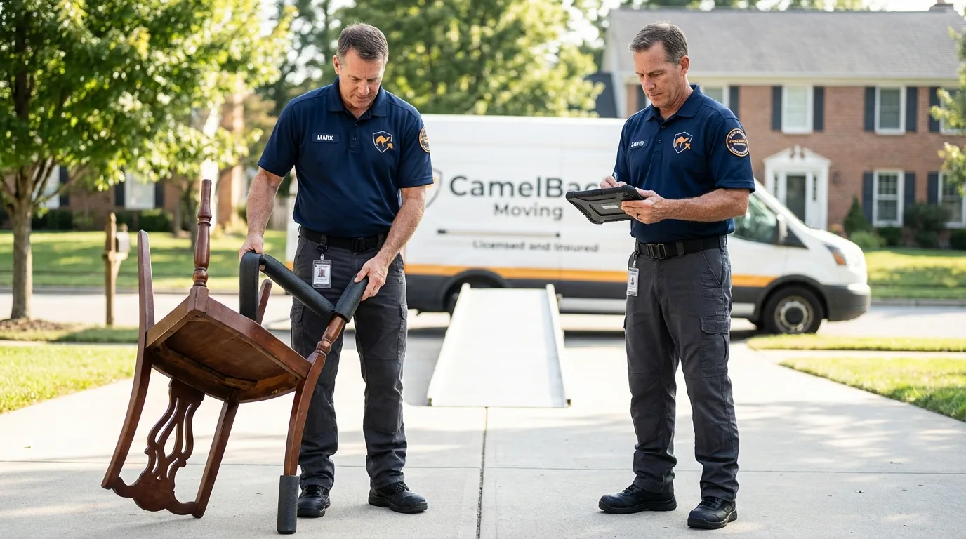 Movers inspecting furniture for damage prevention before loading in Gnadenhutten, OH