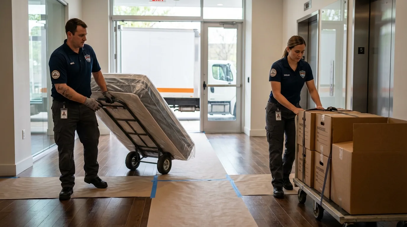 Professional apartment movers loading elevator in Gnadenhutten, OH