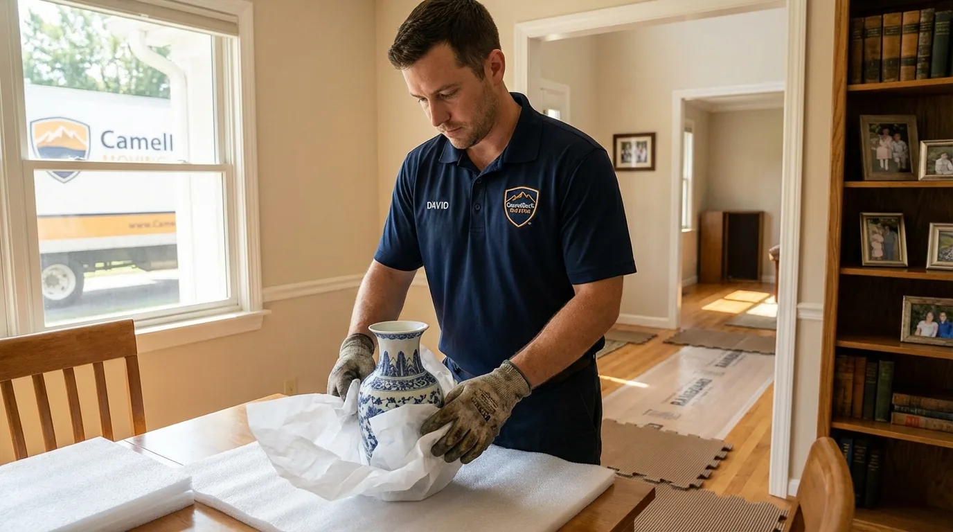 Professional crew carefully wrapping antique vase for senior downsizing move in Gnadenhutten, OH