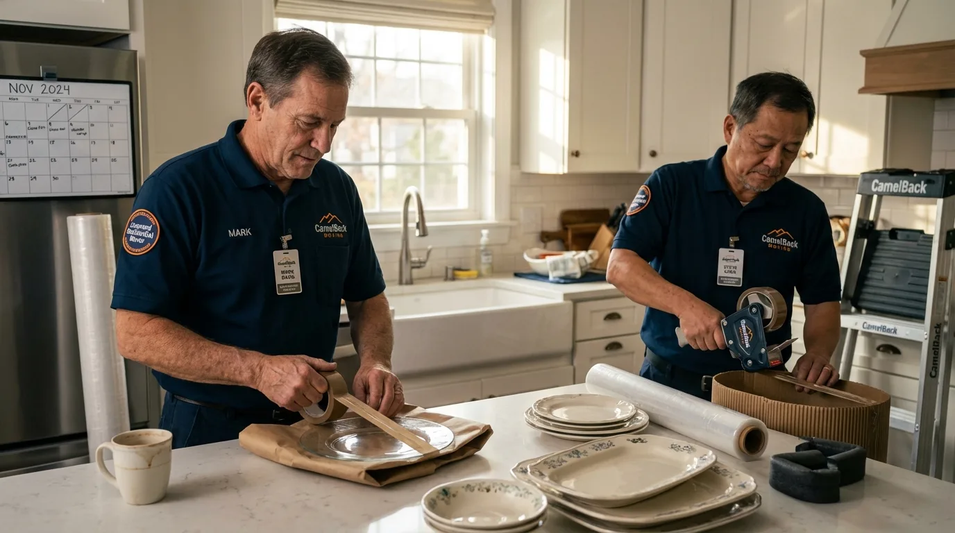 Professional crew packing kitchen dishware in Gnadenhutten, OH